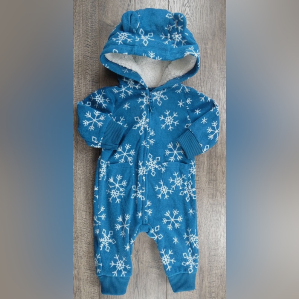 Carters Baby Blue Snowflake Fleece Hooded Jumpsuit Sherpa Ears 9M